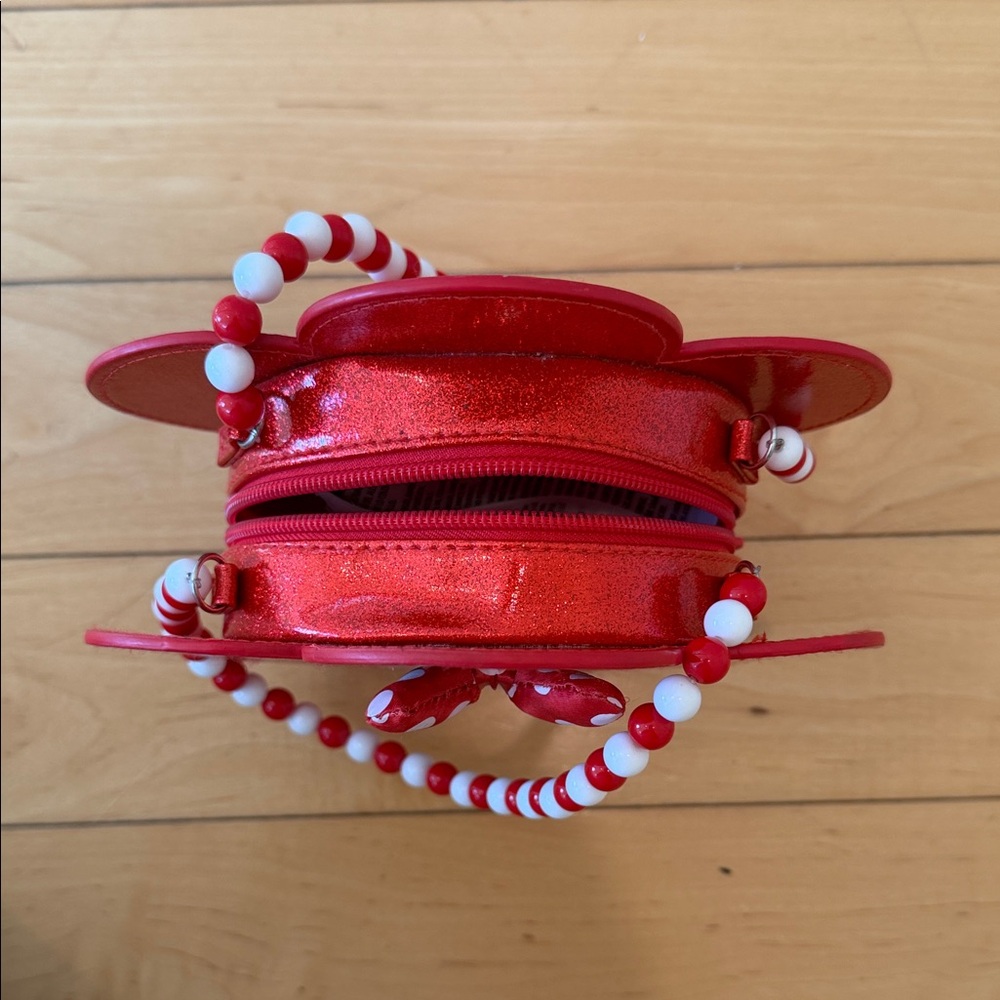 Disney Store Minnie Mouse Red Glitter Flower Purse | Beaded Handle Crossbody Bag - Picture 9 of 10